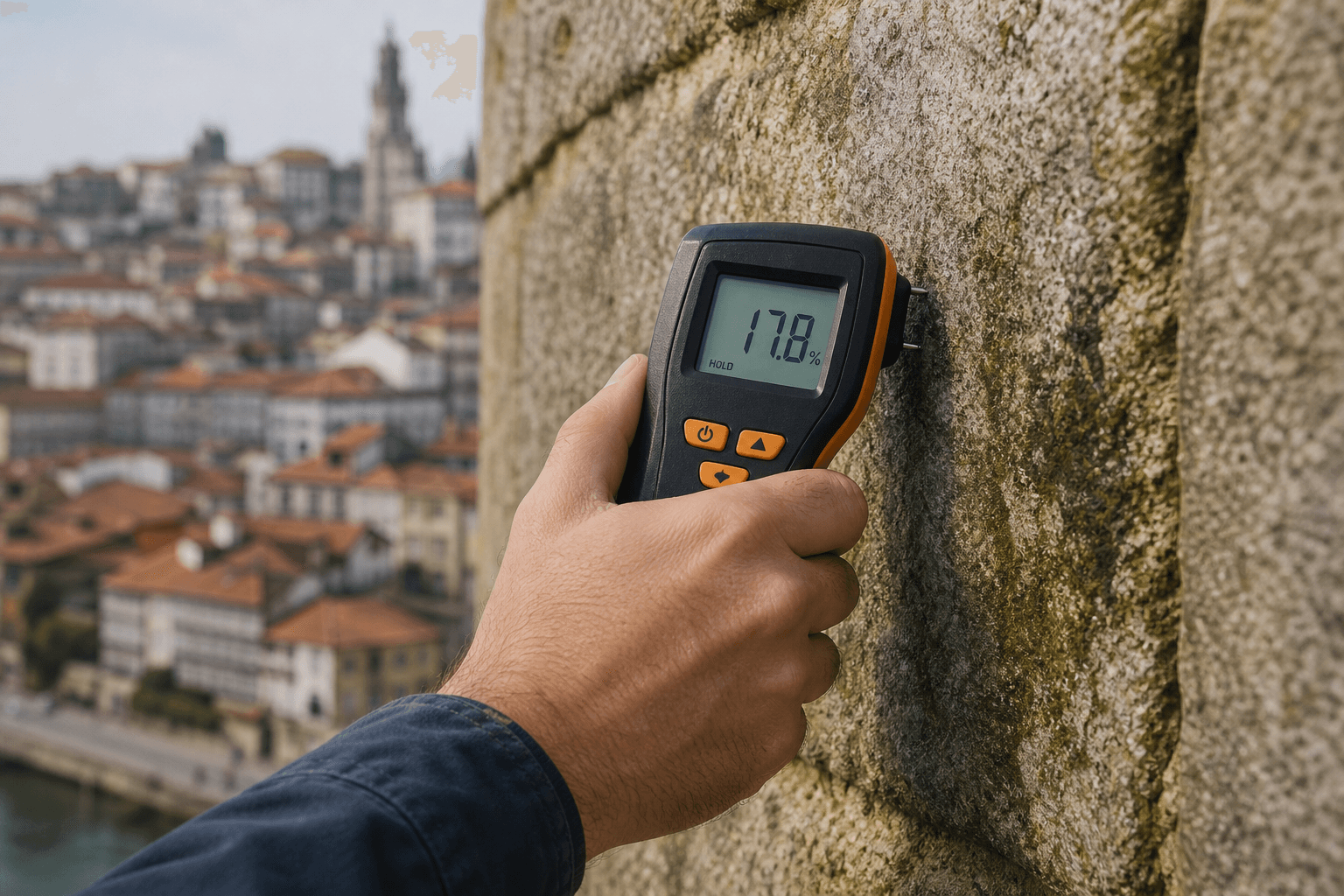 Moisture meter on damp stone wall