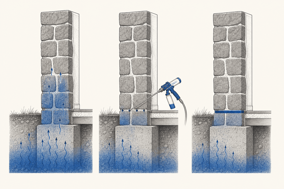Cross-section diagram showing DPC injection barrier in granite wall