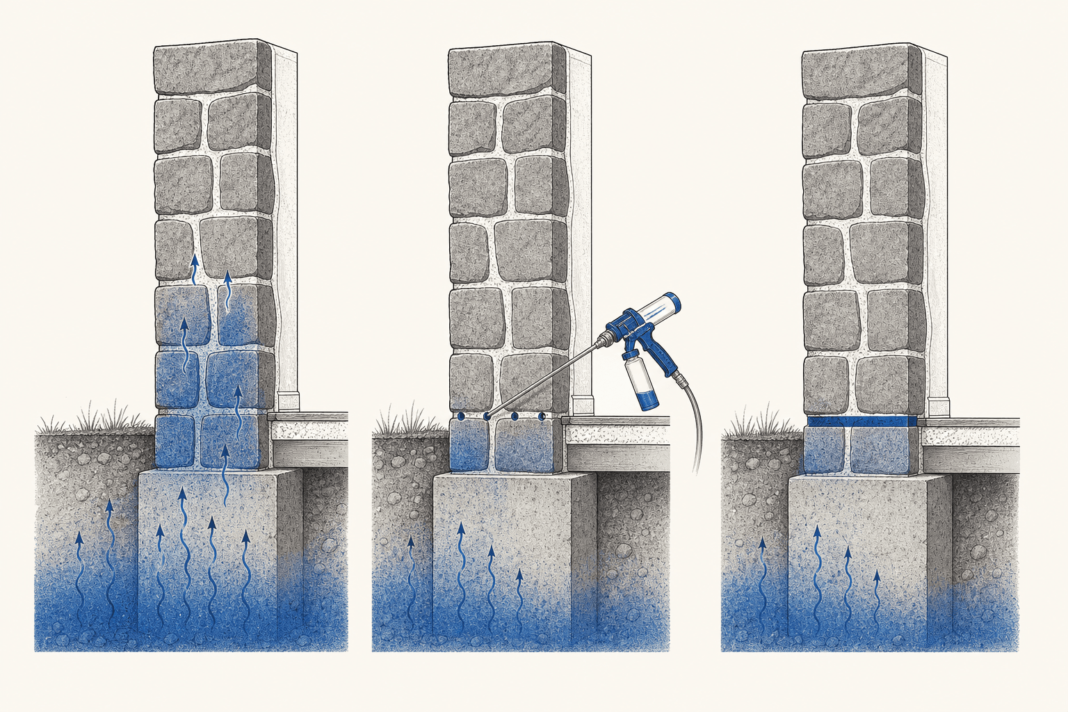 Cross-section diagram of DPC injection in granite masonry
